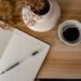 a cup of coffee and a notebook on a table